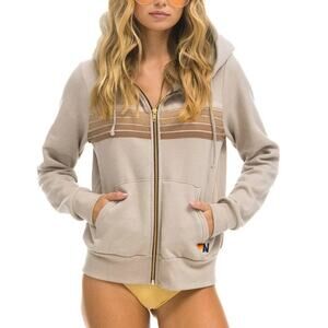 Aviator Nation 5 Stripe Full Zip Hoodie and Matching Sweatpants Set Sand Tan XS